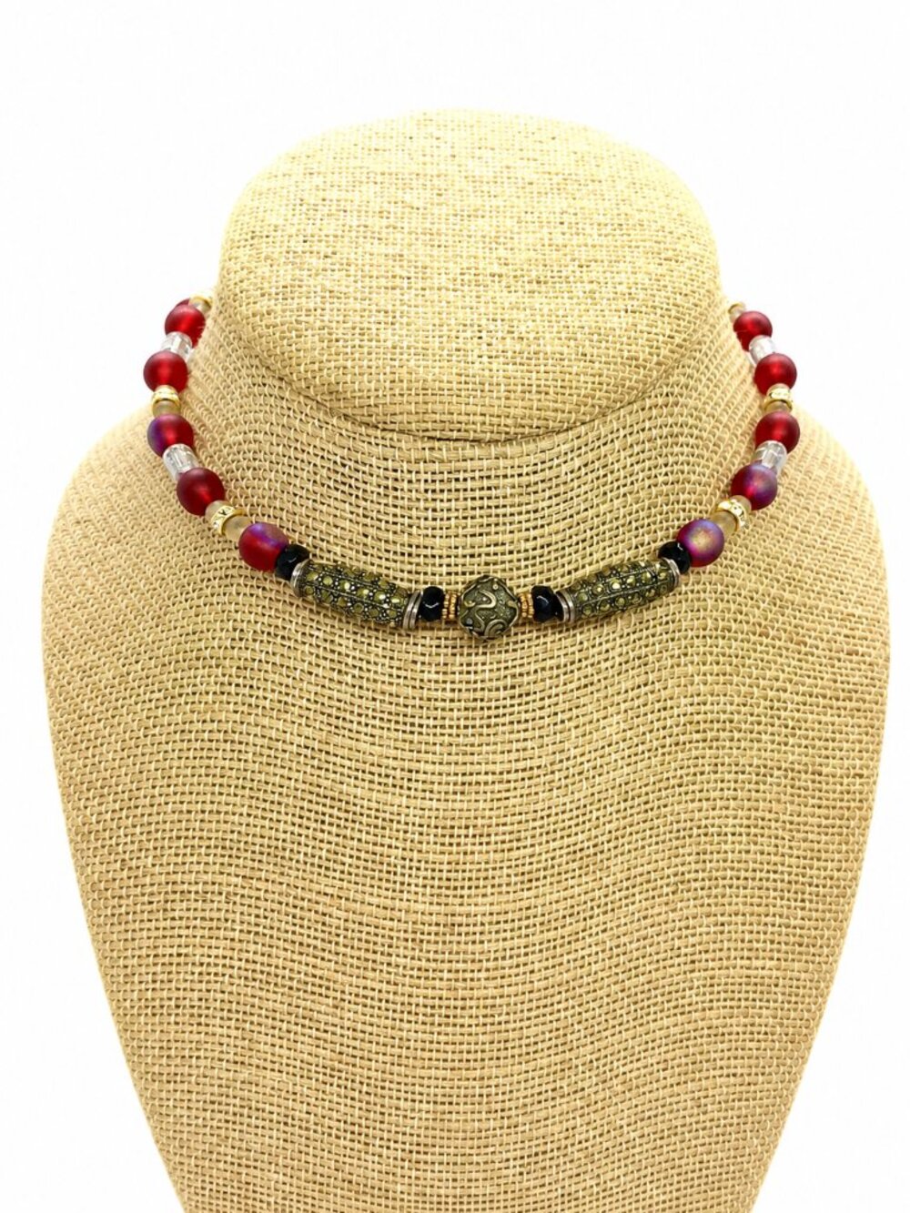 ARTISAN GLASS NECKLACE Red Bead Sterling Marcasite Memory Wire Torque Choker